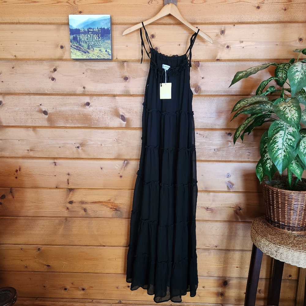 Charlie Holiday 💜 NWT Senorita Maxi Dress Black Sheer Chiffon Ruffle Tier 2 /XS
